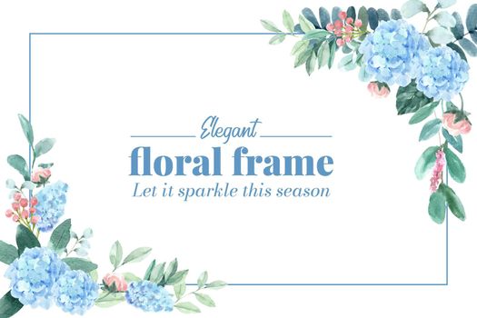 Floral charming frame design with hydrangea, peony watercolor illustration.