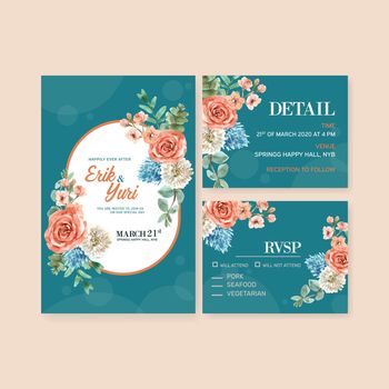 Retro style floral ember glow wedding card design with rose watercolor illustration.