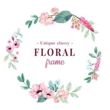 Wreath design with vintage floral watercolor painting of  peony and anemone illustration.