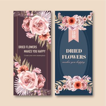 Dried floral flyer design with rose, peony, anemone watercolor illustration.