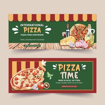 Pizza banner design with cheese, pizza watercolor illustration.