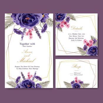 Floral wine wedding card design with peony, lavender watercolor illustration 