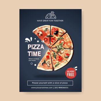 Pizza poster design with pizza watercolor illustration.
