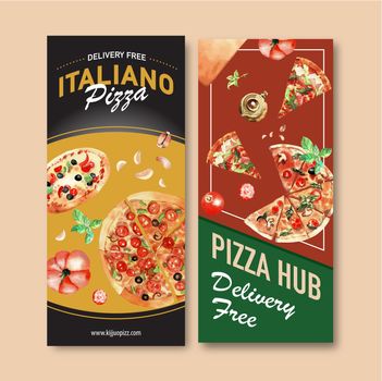 Pizza flyer design with tea pot, pizza watercolor illustration.