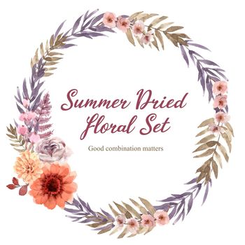 Dried floral wreath design with rose, chrysanthemum watercolor illustration 