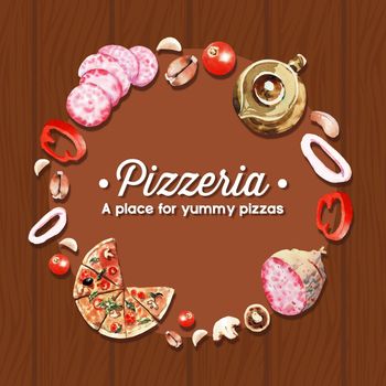 Pizza wreath design with sweet pepper, tea pot, salami watercolor illustration 