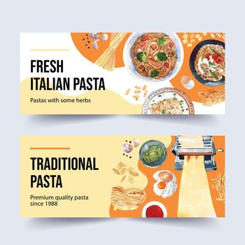 Pasta banner design with pasta machine, egg, garlic watercolor illustration,