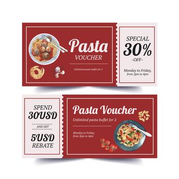 Pasta voucher design with garlic, tomato, meatball watercolor illustration 