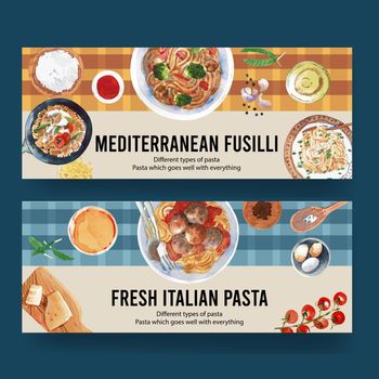 Pasta banner design with pasta, ingredients watercolor illustration,