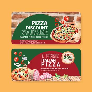 Pizza voucher design with baking, salami, dough water illustration 