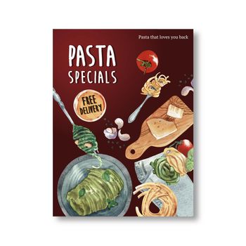 Pasta poster design with cheese, pasta watercolor illustration.