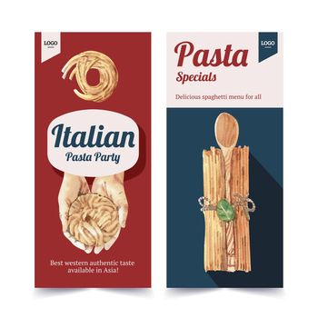 Pasta flyer design with hands, spoon watercolor illustration.
