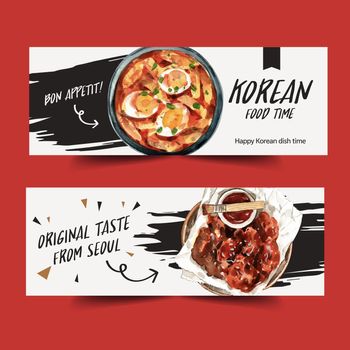 Korean food banner design with Ttoekbokki, fried chicken, egg watercolor illustration