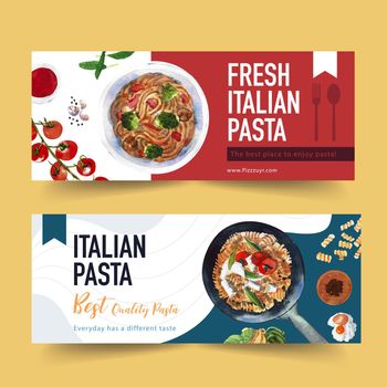 Pasta banner design with tomato, pasta watercolor illustration,