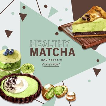 Matcha sweet social media design with choux cream, cake watercolor illustration.