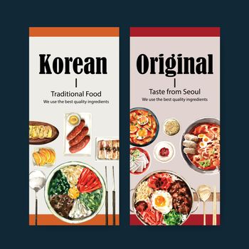 Korean food flyer design with bibimbap, egg roll watercolor illustration.