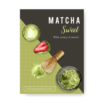 Matcha sweet poster design with Daifuku, bowl, matcha powder watercolor illustration