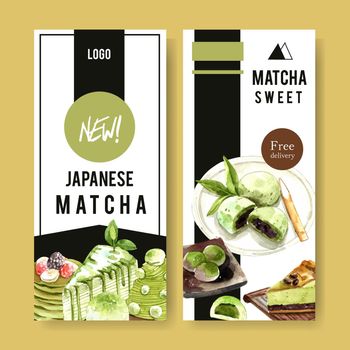 Matcha sweet flyer design with crepe cake, mochi watercolor illustration.