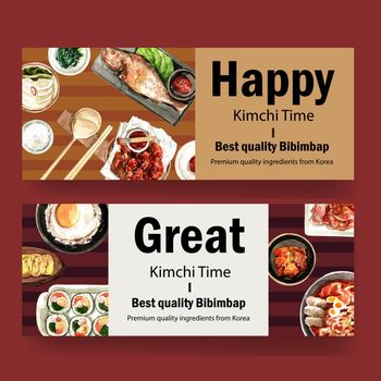 Korean food banner design with Sundae, grilled fish, pork watercolor illustration 
