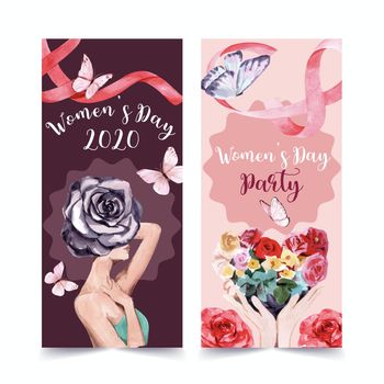 Women day flyer design with ribbon, butterfly, flower watercolor illustration.
