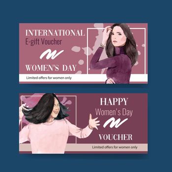 Women day voucher design with women watercolor illustration.  