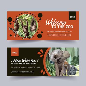 Zoo banner design with elephant, monkey watercolor illustration.