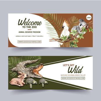 Zoo banner design with crocodile, bird, deer watercolor illustration.