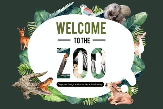 Zoo frame design with crocodile, meerkat, zebra watercolor illustration.  