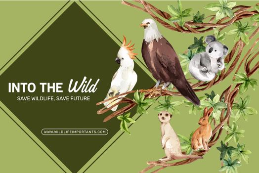 Zoo frame design with eagle, rabbit, meerkat watercolor illustration.  