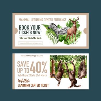 Zoo ticket design with zebra, monkey watercolor illustration.  