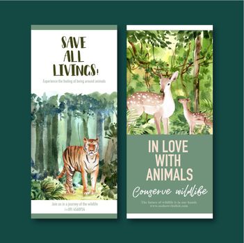 Zoo flyer design with deer, tiger watercolor illustration.  