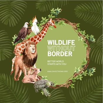 Zoo wreath design with giraffe, bird, lion watercolor illustration,  