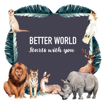 Zoo wreath design with tiger, lion, bird, meerkat watercolor illustration,  