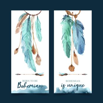 Bohemian flyer design with feather watercolor illustration.  