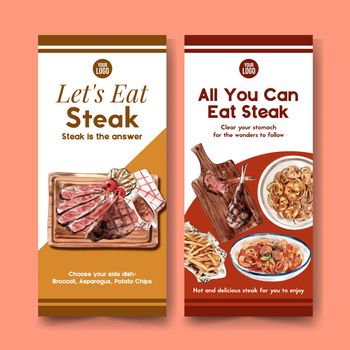 Steak flyer design with steak, spaghetti watercolor illustration.  