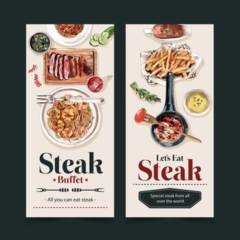 Steak flyer design with spaghetti, steak watercolor illustration.  