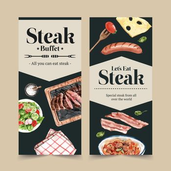 Steak flyer design with salad, spaghetti, steak watercolor illustration.  
