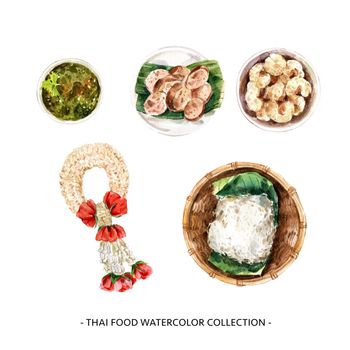 Creative design isolated watercolor Thai food illustration on white background.