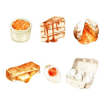 Set of various isolated salted egg watercolor illustration for decorative use.