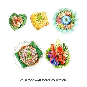 Set of isolated elements of watercolor Thai food illustration on white background.