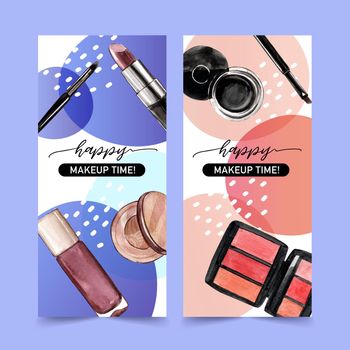 Cosmetic flyer design with lipstick, eyeliner, eyeshadow illustration watercolor. 