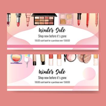 Cosmetic banner design with eyeshadow, lip gloss, highlighter illustration watercolor. 