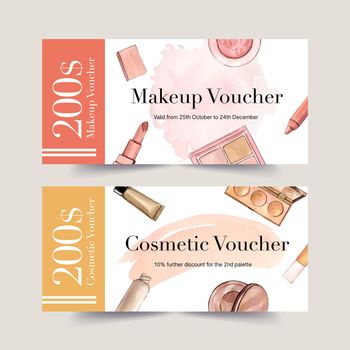 Cosmetic voucher design with lipstick, brush on, foundation illustration watercolor. 