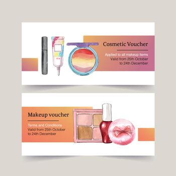 Cosmetic voucher design with eyeliner, highlighter, lip tint illustration watercolor. 