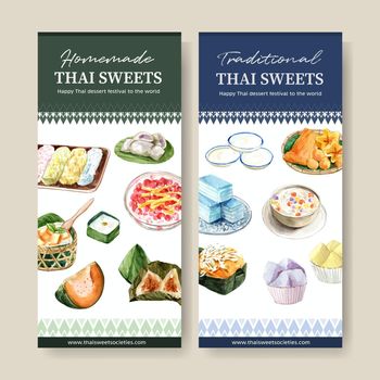 Thai sweet flyer design with golden threads, layered jelly illustration watercolor. 