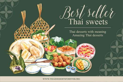 Thai sweet frame design with imitation fruits illustration watercolor. 