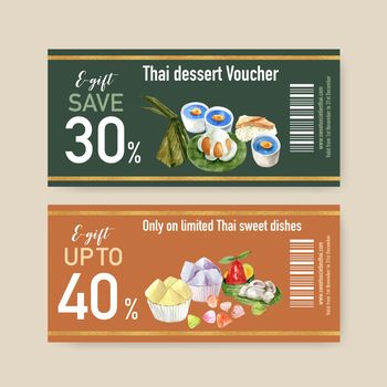 Thai sweet voucher design with pudding, imitation fruits illustration watercolor. 