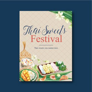 Thai sweet poster design with jasmine, pudding, sticky rice, illustration watercolor. 
