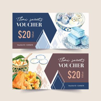 Thai sweet voucher design with layered jelly, golden threads illustration watercolor. 