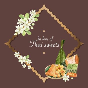Thai sweet wreath design with steamed pumpkin, egg custard illustration watercolor. 